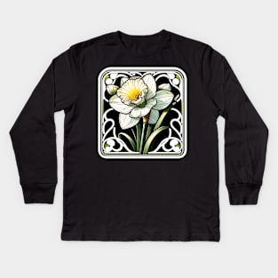 art nouveau narcissus december Birth Month Flower Kids Long Sleeve T-Shirt